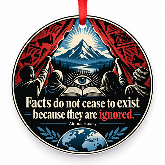 Facts Do Not Cease to Exist Because They Are Ignored Christmas Ornament with red hanging ribbon