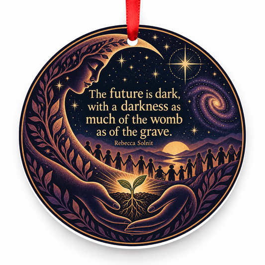 The Future is Dark, with a Darkness as Much of the Womb as the Grave Christmas Ornament with red hanging ribbon