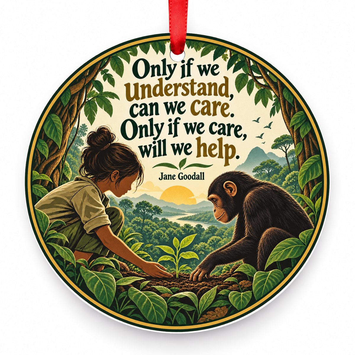 Only If We Understand, Can We Care. Only If We Care, Will We Help Christmas Ornament with red hanging ribbon