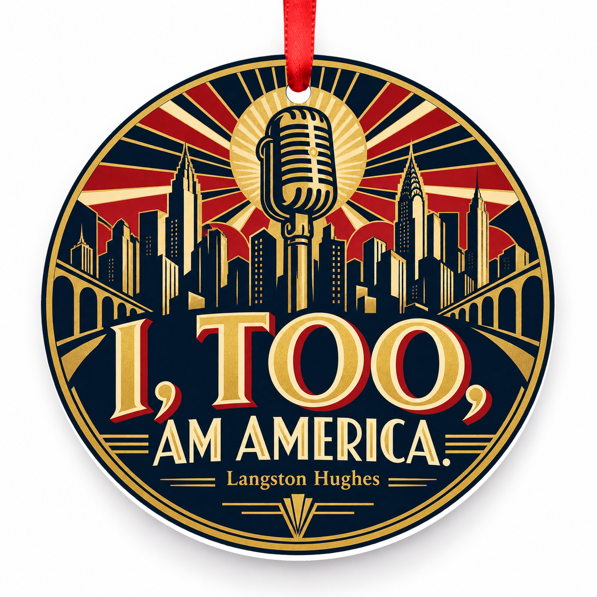 I, Too, Am America Christmas Ornament with red hanging ribbon