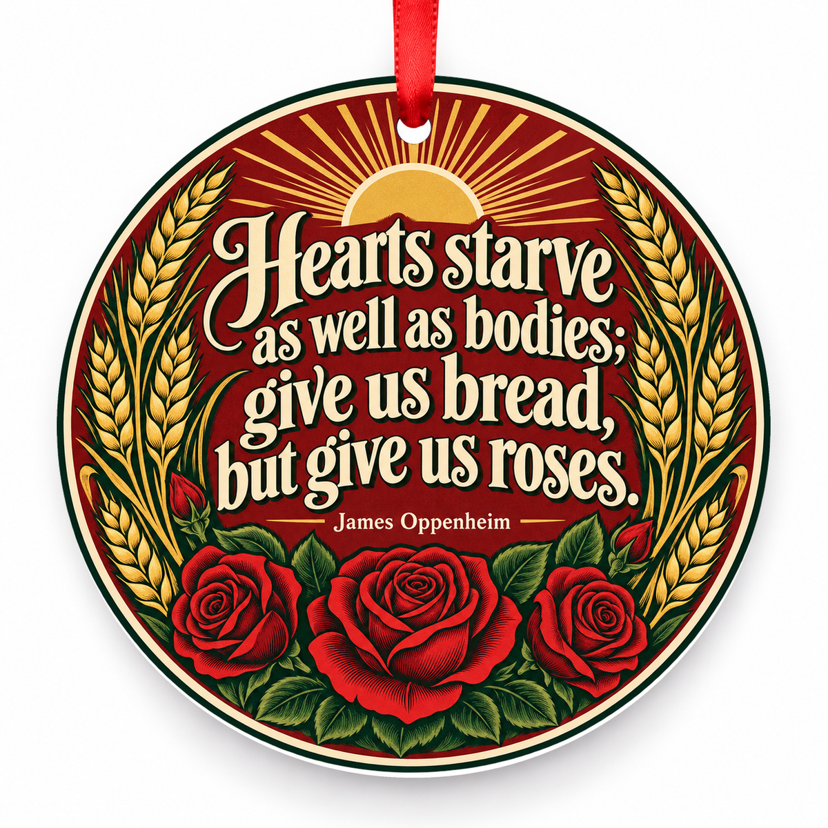Hearts Starve as Well as Bodies; Give Us Bread, but Give Us Roses Christmas Ornament with red hanging ribbon