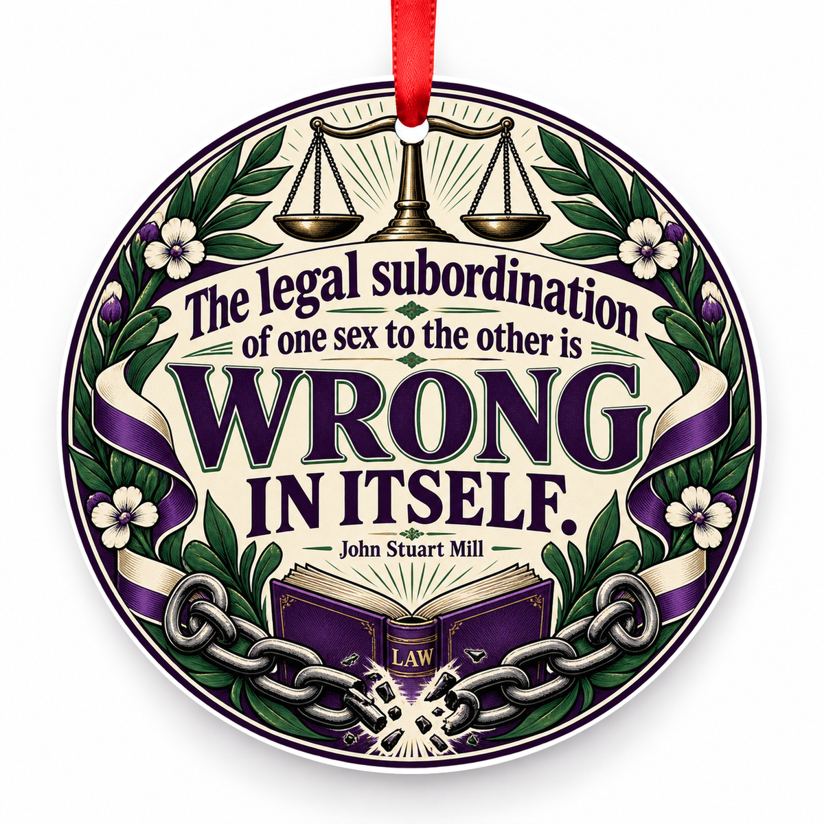 The Legal Subordination of One Sex to the Other is Wrong in Itself Christmas Ornament with red hanging ribbon
