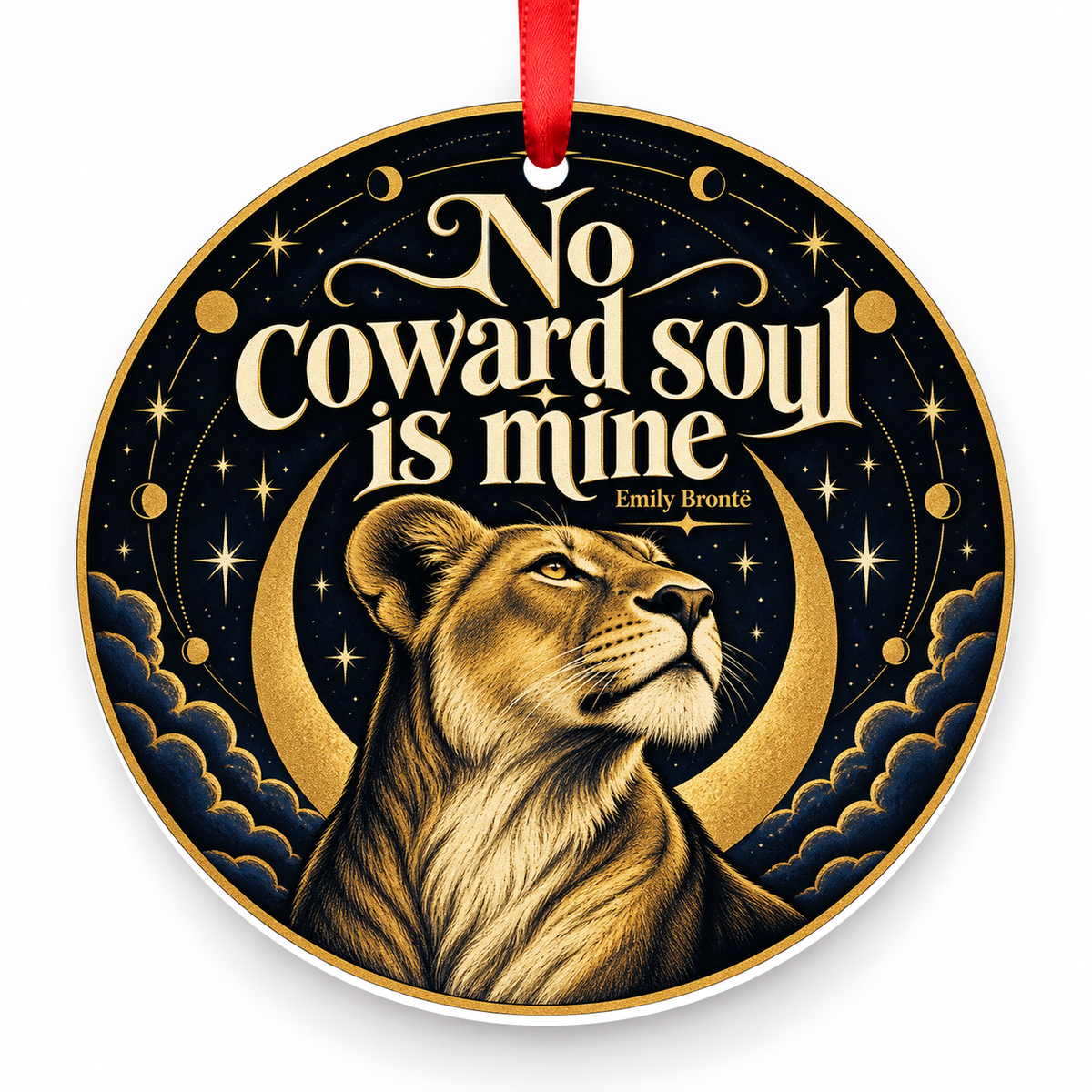No Coward Soul is Mine Christmas Ornament with red hanging ribbon