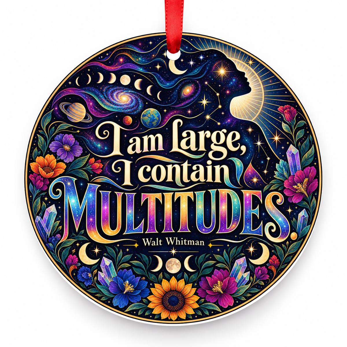 I Am Large, I Contain Multitudes Christmas Ornament with red hanging ribbon