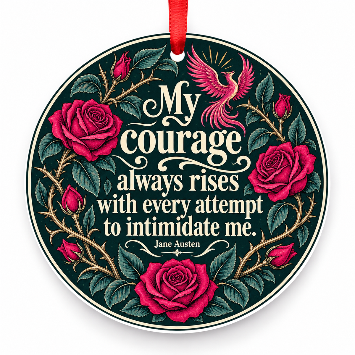 My Courage Always Rises with Every Attempt to Intimidate Me Christmas Ornament with red hanging ribbon
