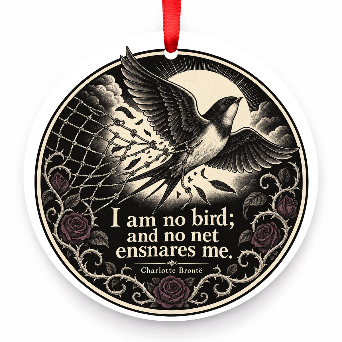 I Am No Bird; and No Net Ensnares Me Christmas Ornament with red hanging ribbon