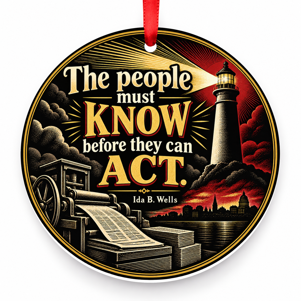The People Must Know Before They Can Act Christmas Ornament with red hanging ribbon