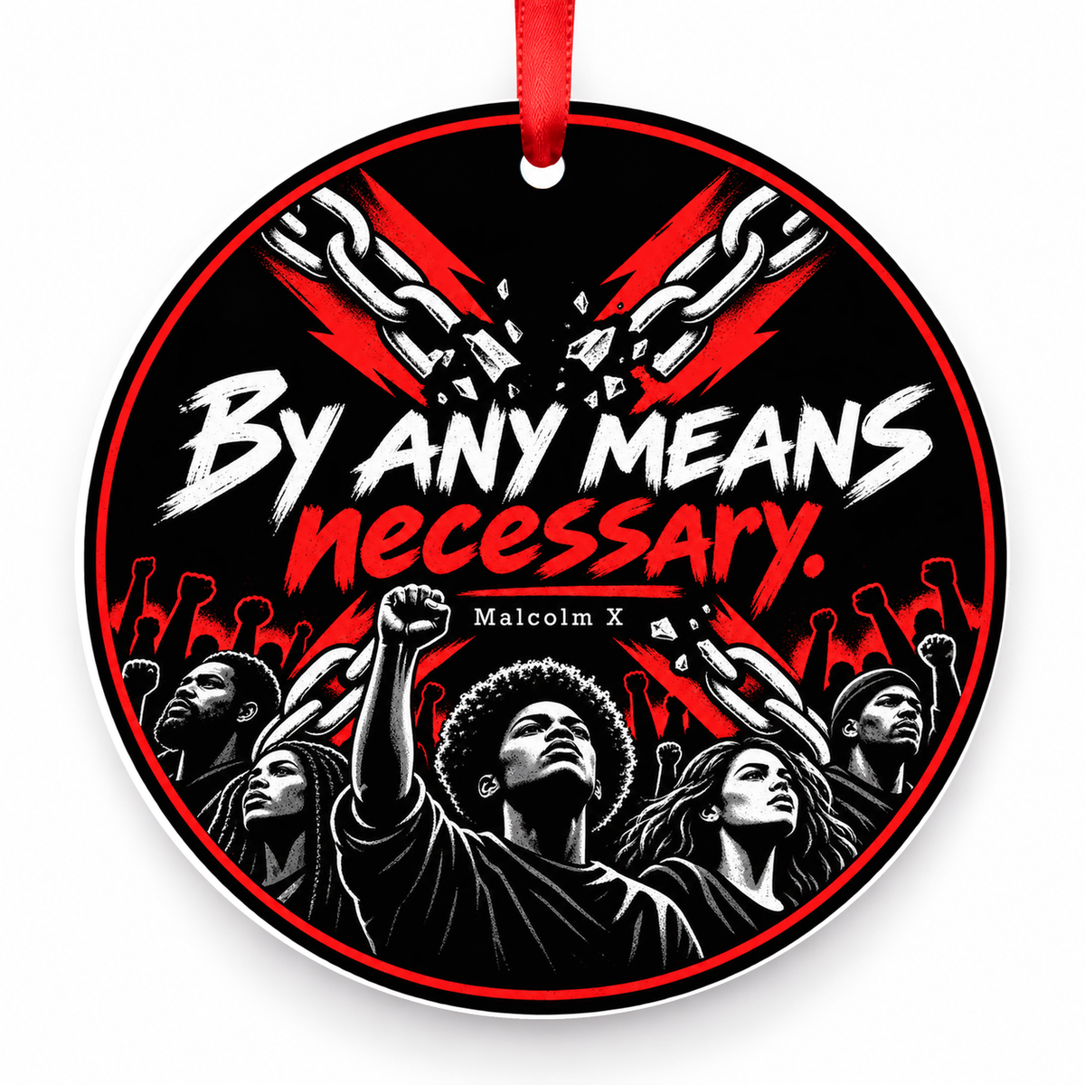 By Any Means Necessary Christmas Ornament with red hanging ribbon