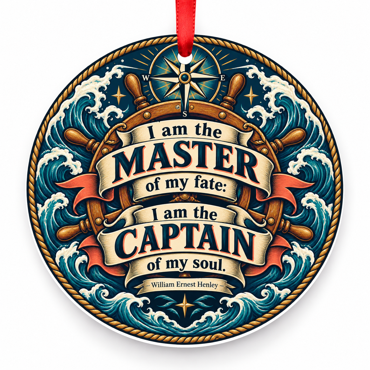 I Am the Master of My Fate: I Am the Captain of My Soul Christmas Ornament with red hanging ribbon