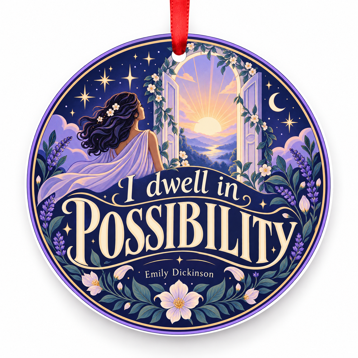 I Dwell in Possibility Christmas Ornament with red hanging ribbon