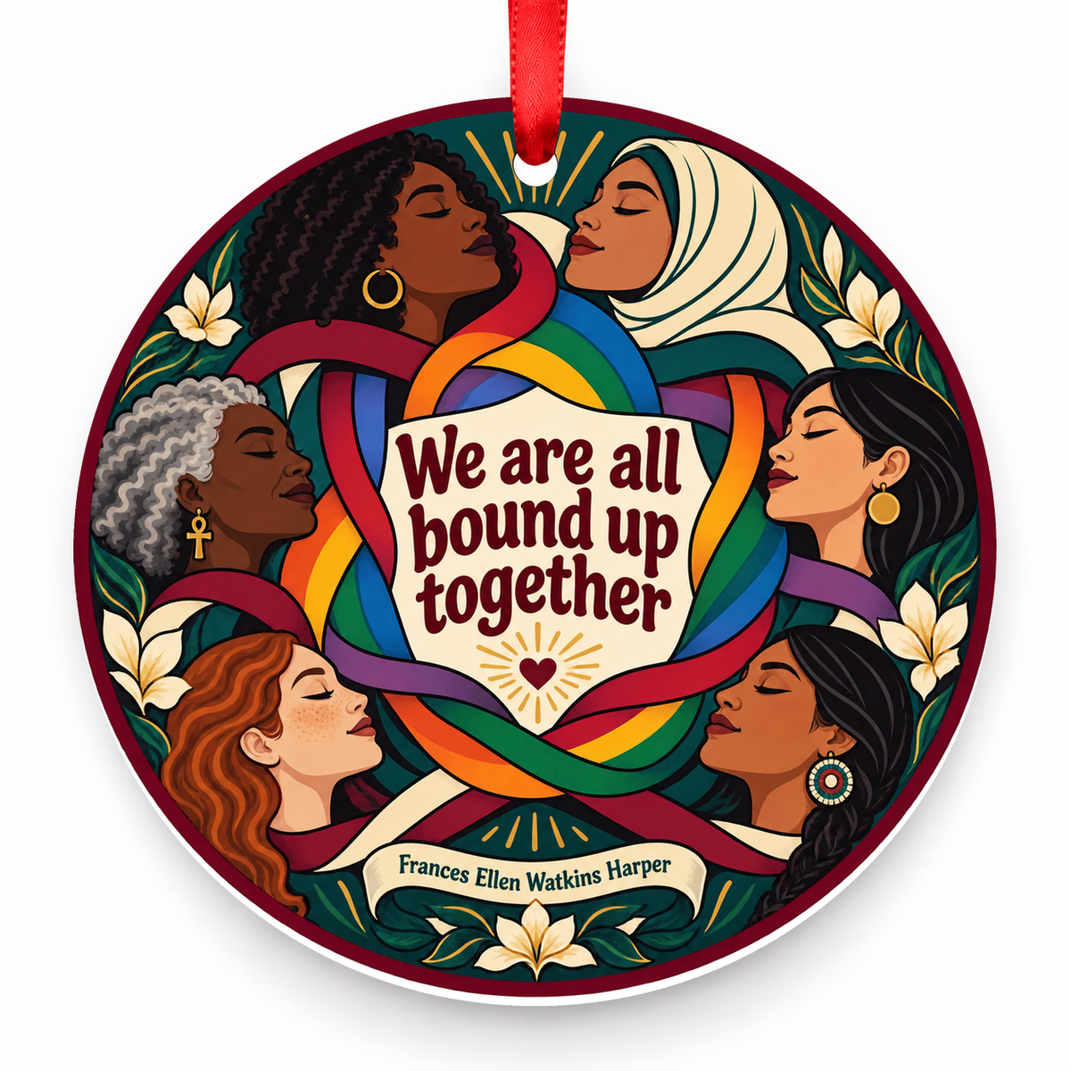We Are All Bound Up Together Christmas Ornament with red hanging ribbon