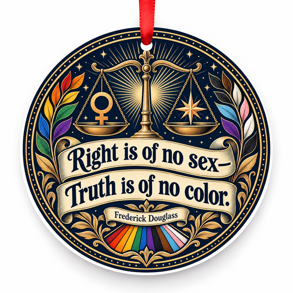 Right is of No Sex—truth is of No Color Christmas Ornament with red hanging ribbon