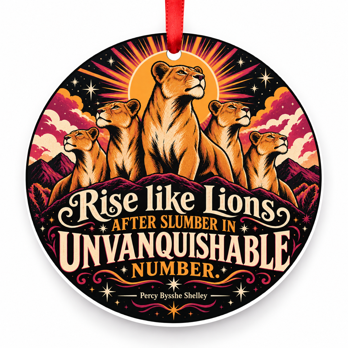 Rise Like Lions After Slumber in Unvanquishable Number Christmas Ornament with red hanging ribbon
