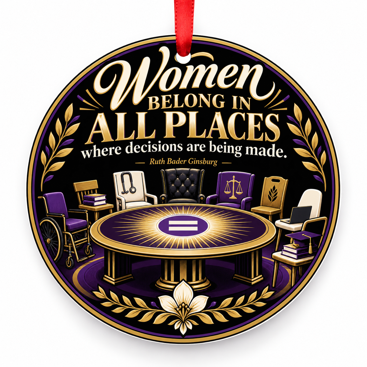 Women Belong in All Places Where Decisions Are Being Made Christmas Ornament with red hanging ribbon