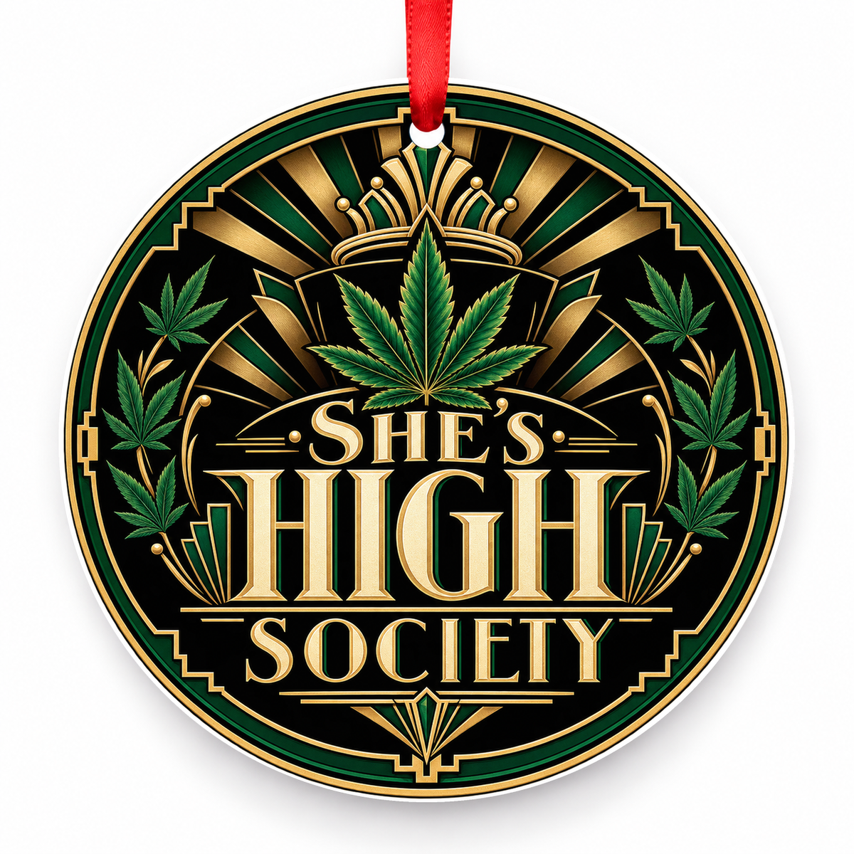 She's High Society Christmas Ornament – Art Deco with red hanging ribbon