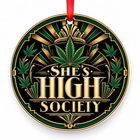 She's High Society Christmas Ornament – Art Deco with red hanging ribbon