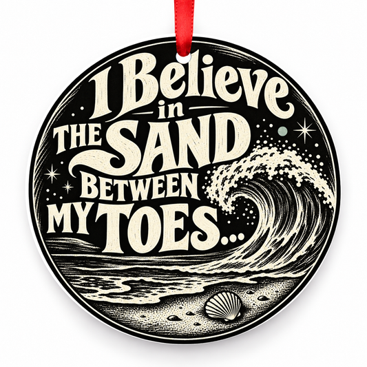 I Believe in the Sand Between My Toes Christmas Ornament – Black and Cream with red hanging ribbon
