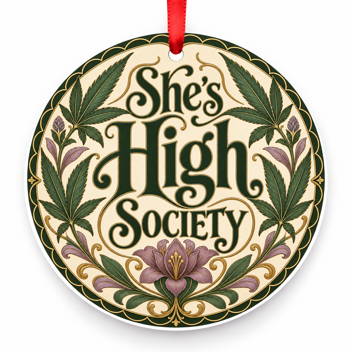 She's High Society Christmas Ornament – Art Nouveau with red hanging ribbon