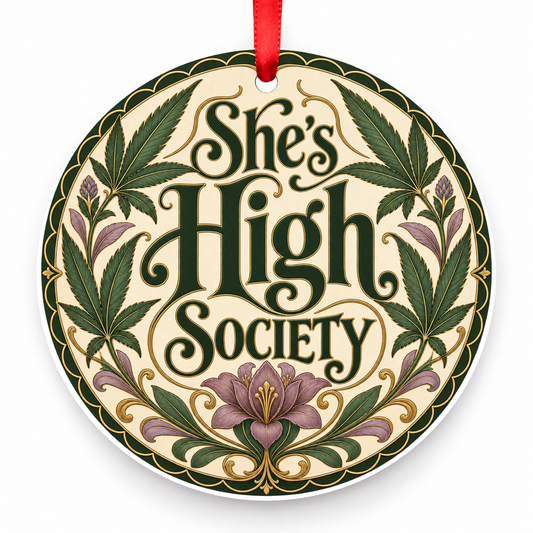 She's High Society Christmas Ornament – Art Nouveau with red hanging ribbon