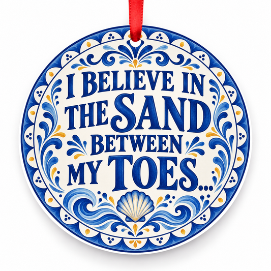 I Believe in the Sand Between My Toes Christmas Ornament – Mediterranean Tile with red hanging ribbon