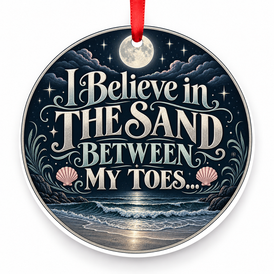 I Believe in the Sand Between My Toes Christmas Ornament – Moonlit Coast with red hanging ribbon