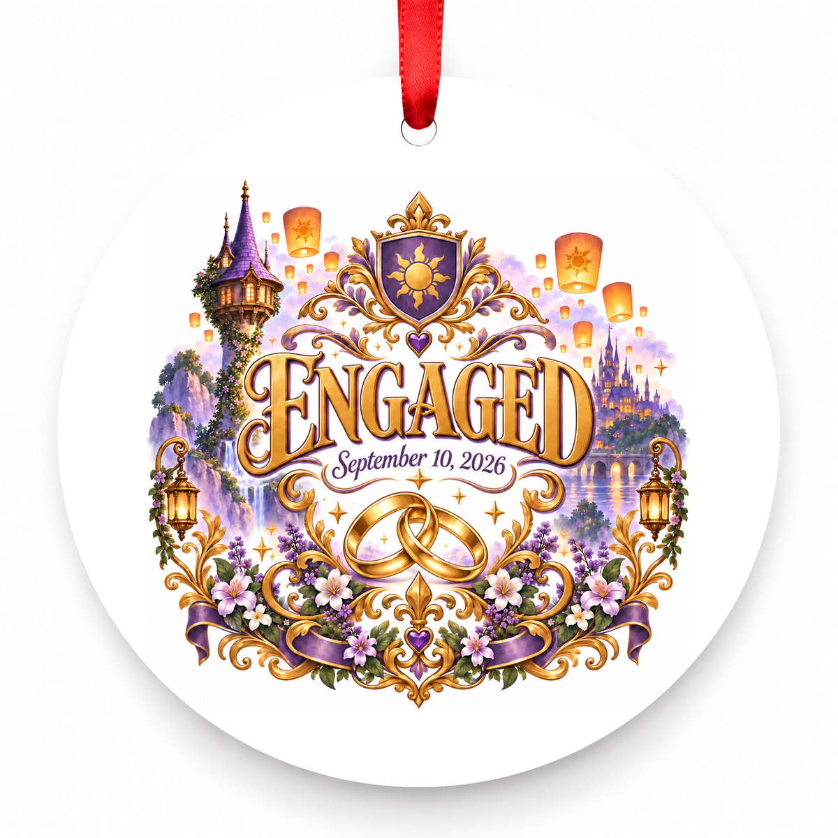 Engaged September 10, 2026 Christmas Ornament with red hanging ribbon