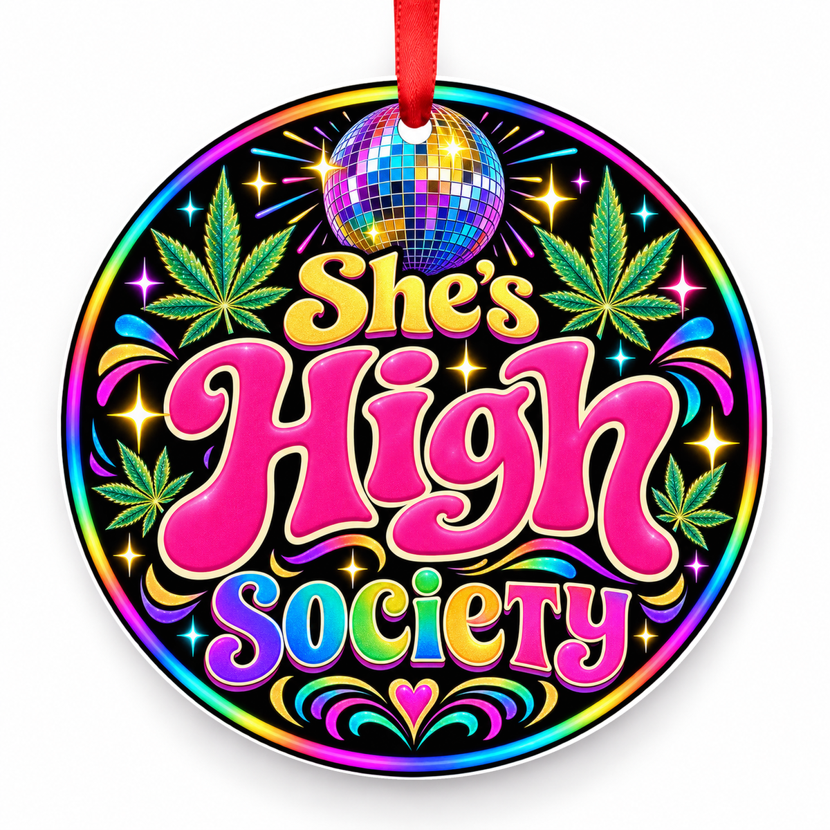 She's High Society Christmas Ornament – Disco with red hanging ribbon