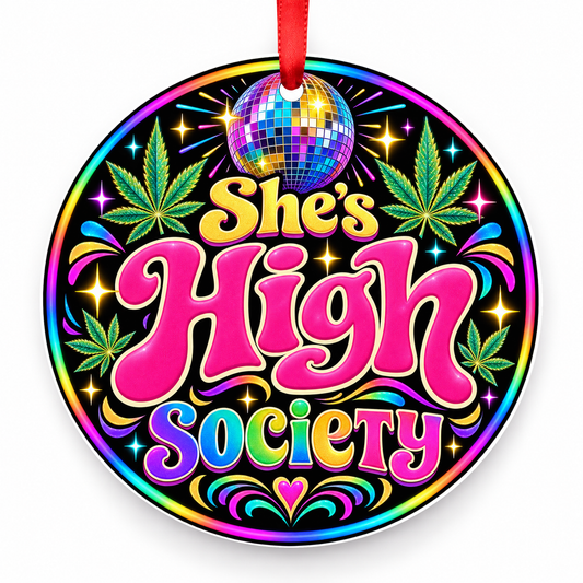 She's High Society Christmas Ornament – Disco with red hanging ribbon
