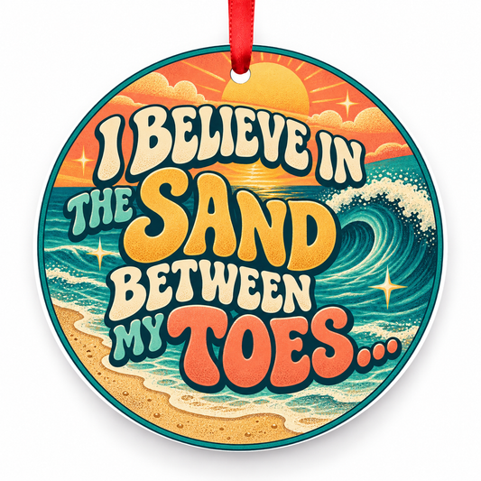 I Believe in the Sand Between My Toes Christmas Ornament – Sunshine Surf with red hanging ribbon