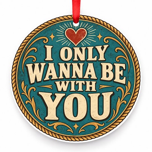 I Only Wanna Be with You Christmas Ornament – Western Heart with red hanging ribbon