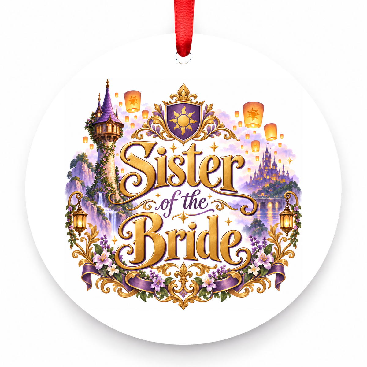 Sister of the Bride Christmas Ornament with red hanging ribbon