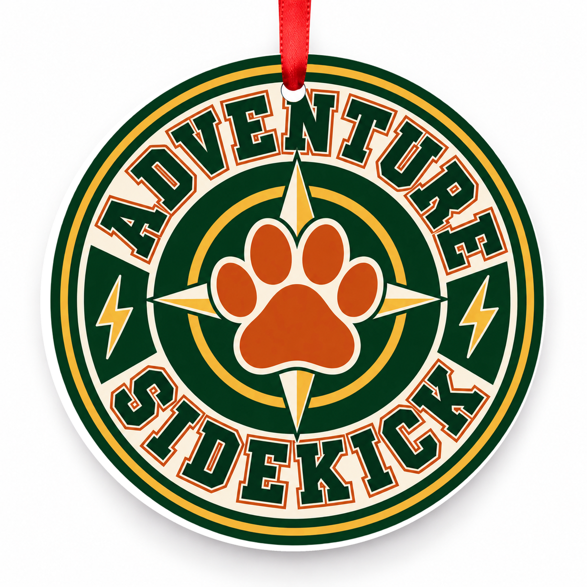 Adventure Sidekick Christmas Ornament with red hanging ribbon