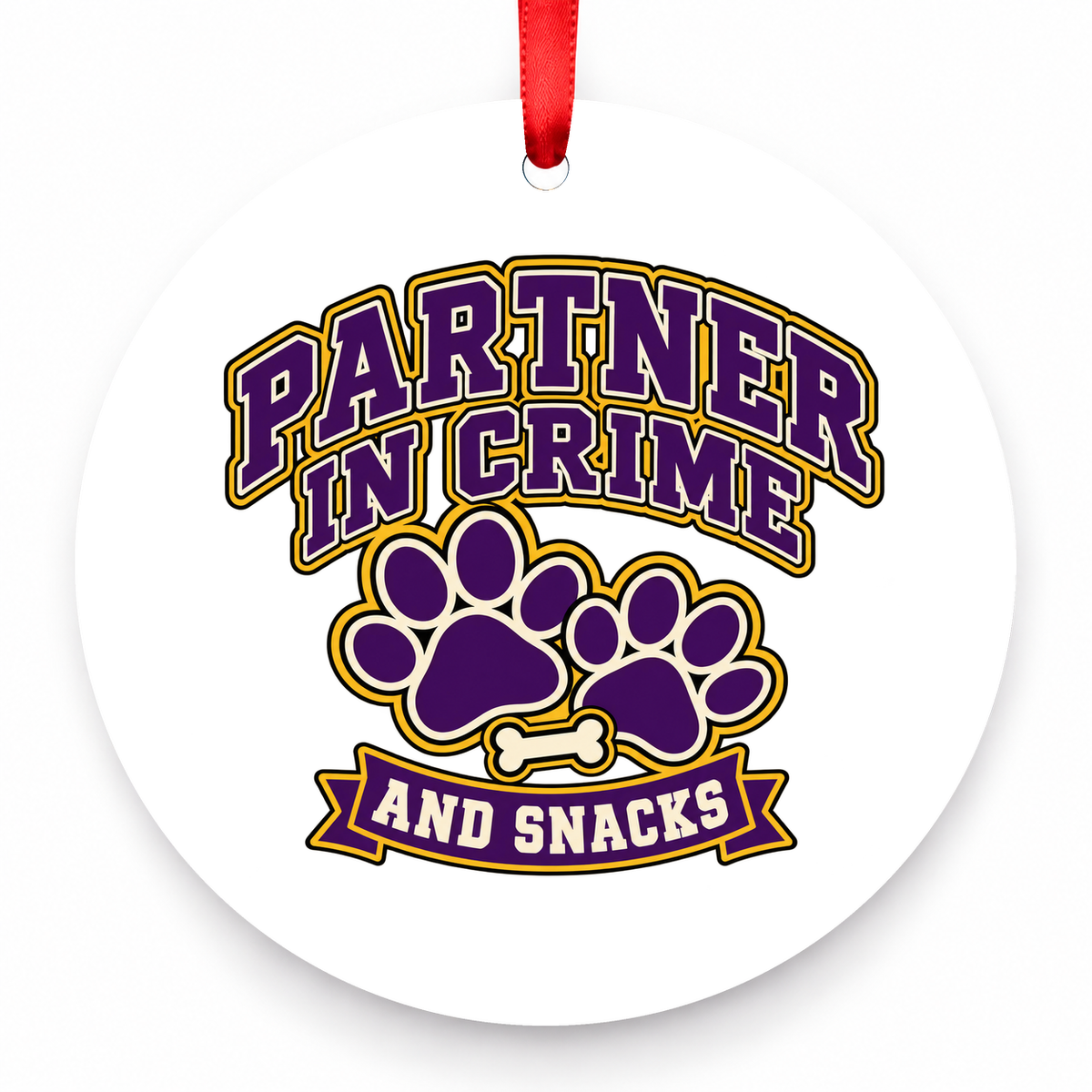 Partner in Crime and Snacks Christmas Ornament with red hanging ribbon