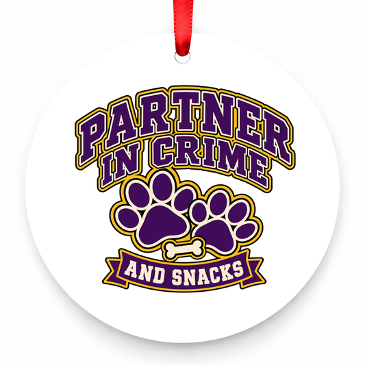 Partner in Crime and Snacks Christmas Ornament with red hanging ribbon