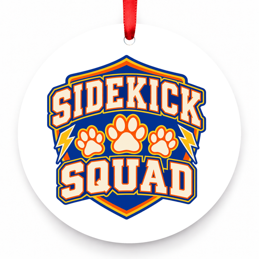 Sidekick Squad Christmas Ornament with red hanging ribbon