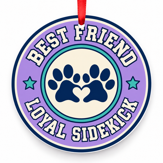 Best Friend Loyal Sidekick Christmas Ornament with red hanging ribbon