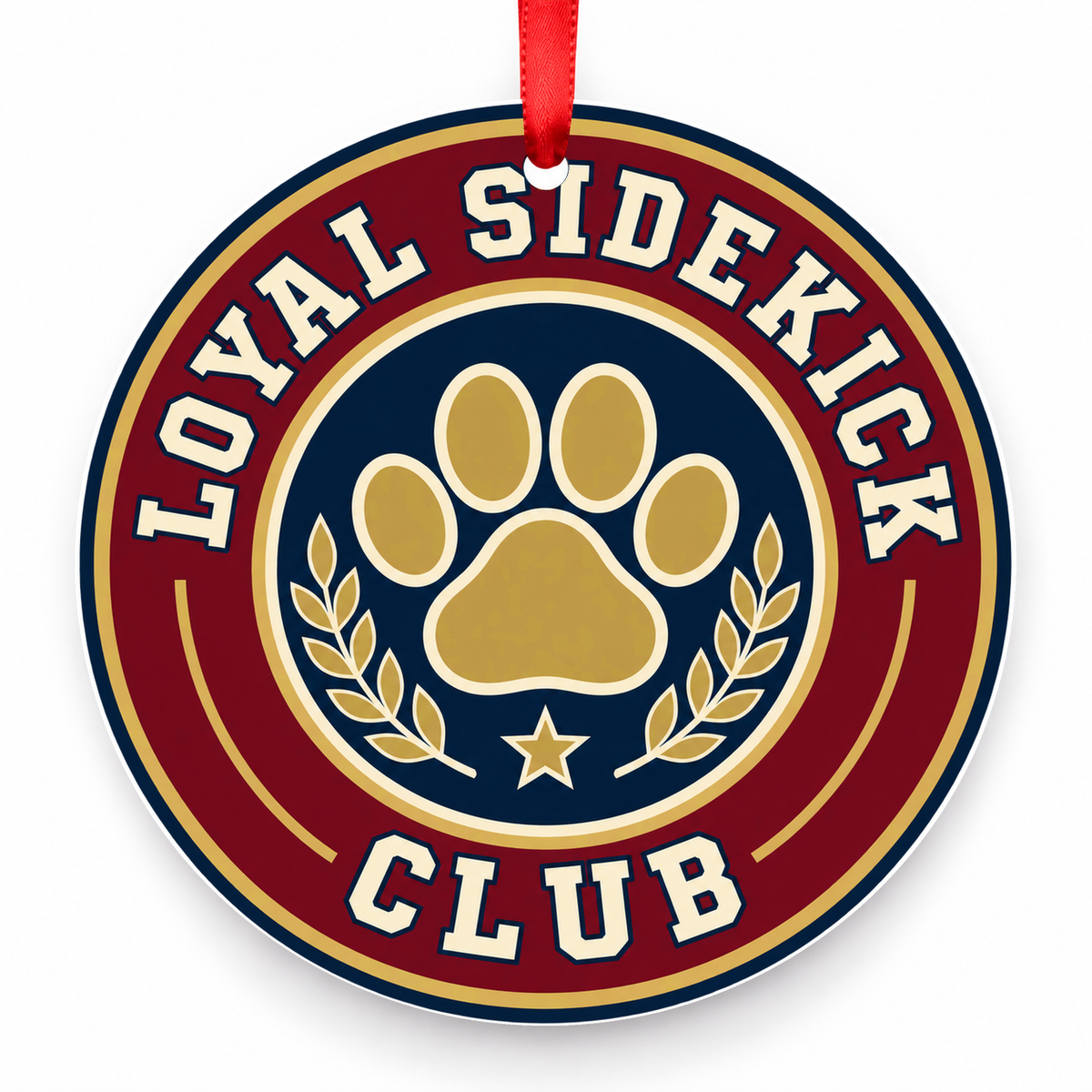Loyal Sidekick Club Christmas Ornament with red hanging ribbon
