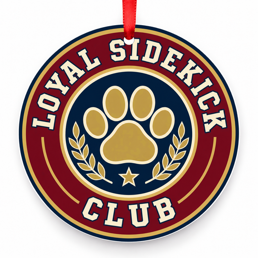 Loyal Sidekick Club Christmas Ornament with red hanging ribbon