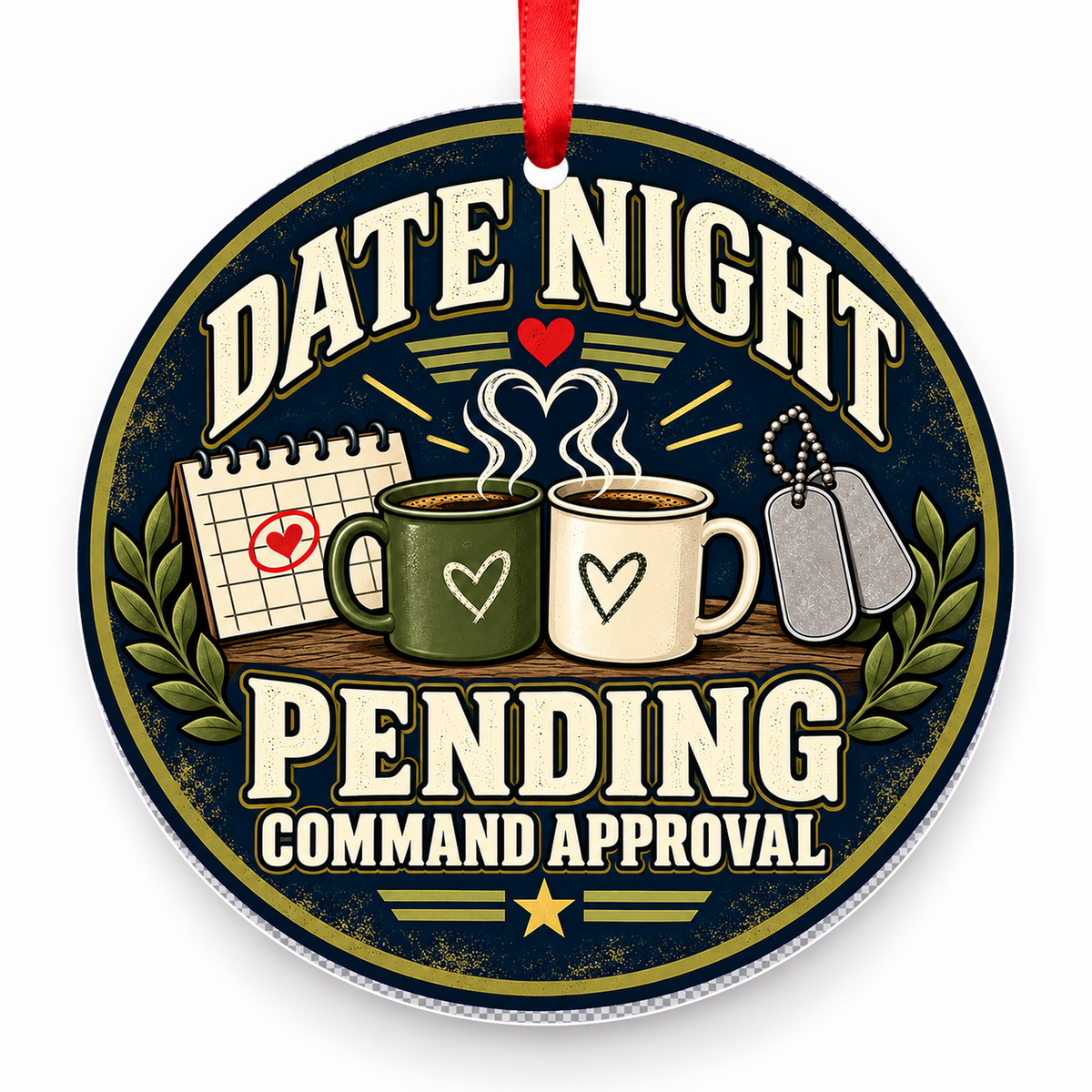 Date Night Pending Command Approval Christmas Ornament with red hanging ribbon