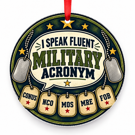 I Speak Fluent Military Acronym Christmas Ornament – Five Tags with red hanging ribbon