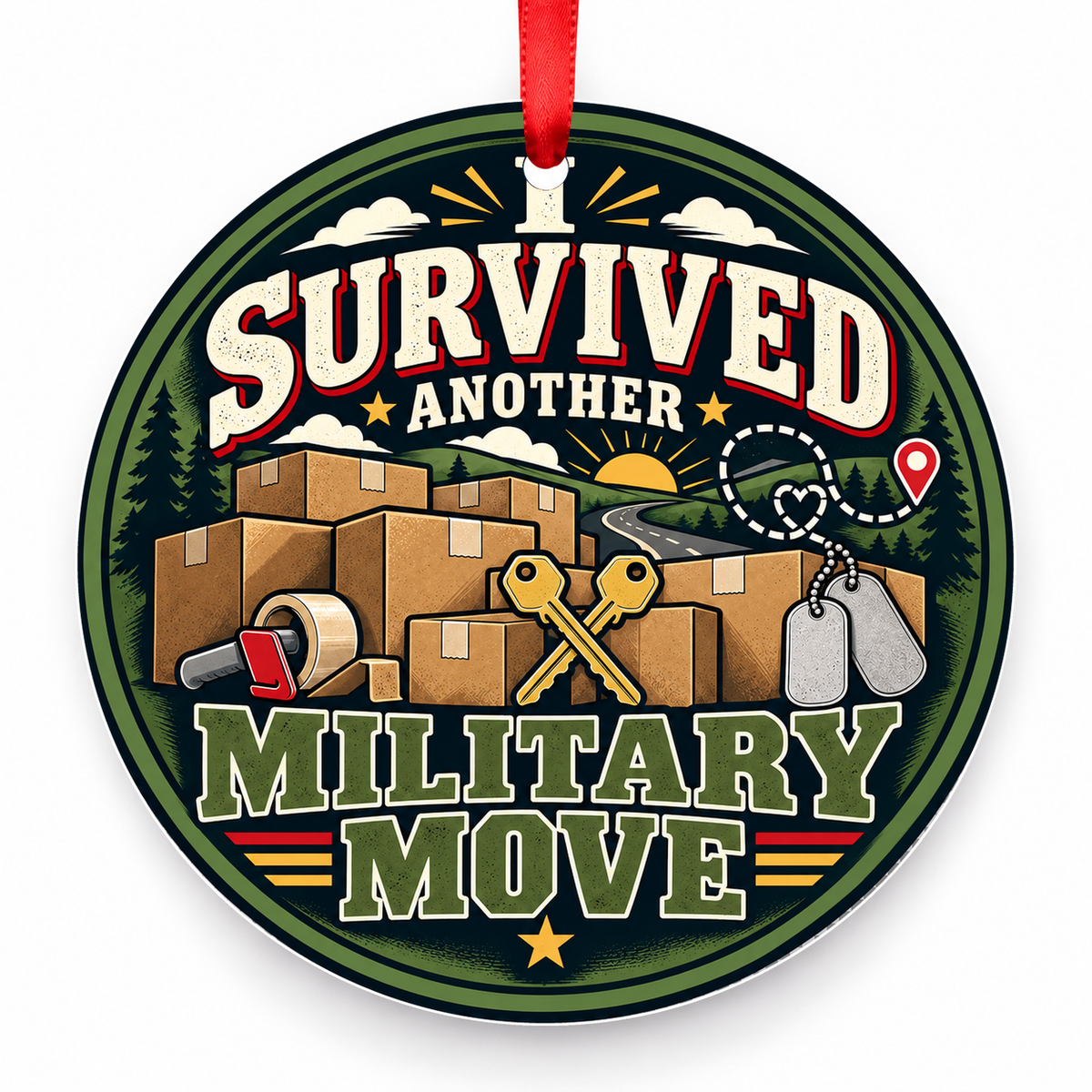 I Survived Another Military Move Christmas Ornament with red hanging ribbon