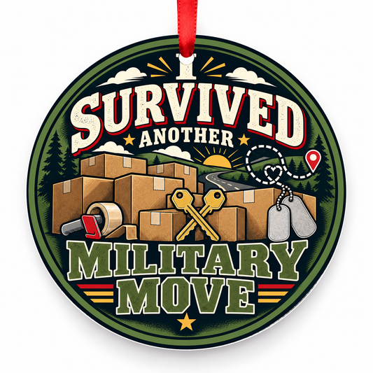 I Survived Another Military Move Christmas Ornament with red hanging ribbon