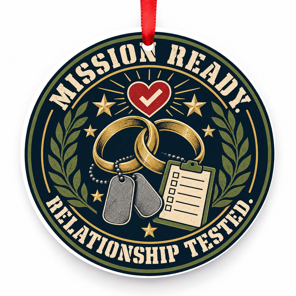 Mission Ready Relationship Tested Christmas Ornament with red hanging ribbon