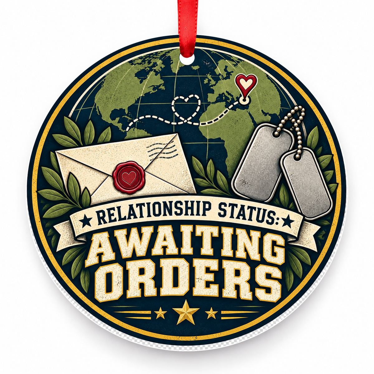Relationship Status Awaiting Orders Christmas Ornament with red hanging ribbon