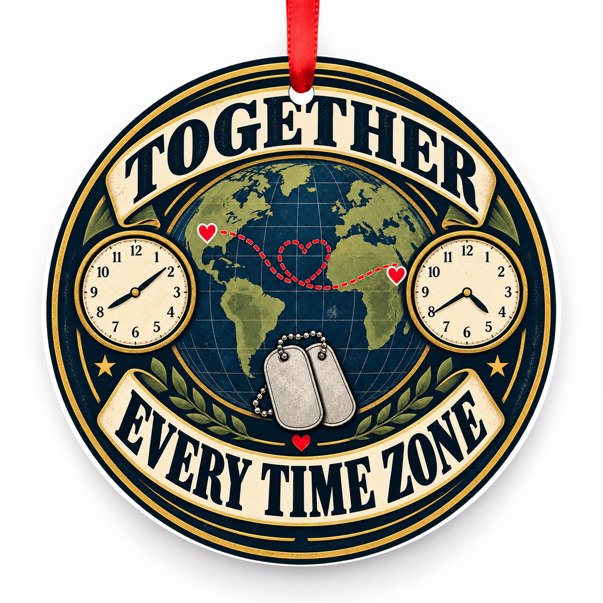 Together Through Every Time Zone Christmas Ornament with red hanging ribbon