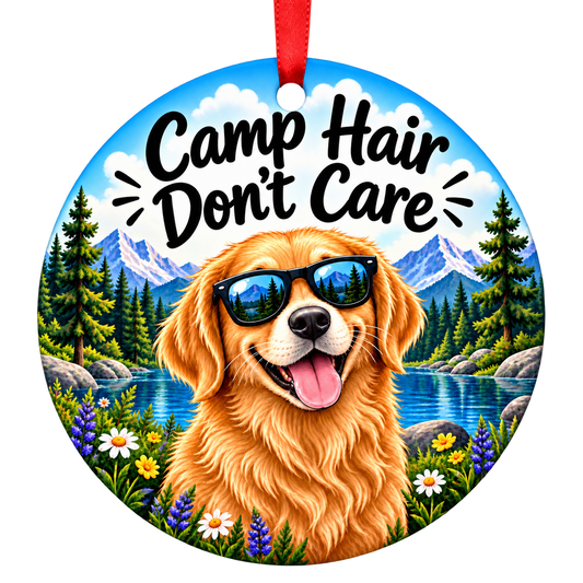 Camp Hair Don't Care dog camping Christmas ornament mockup