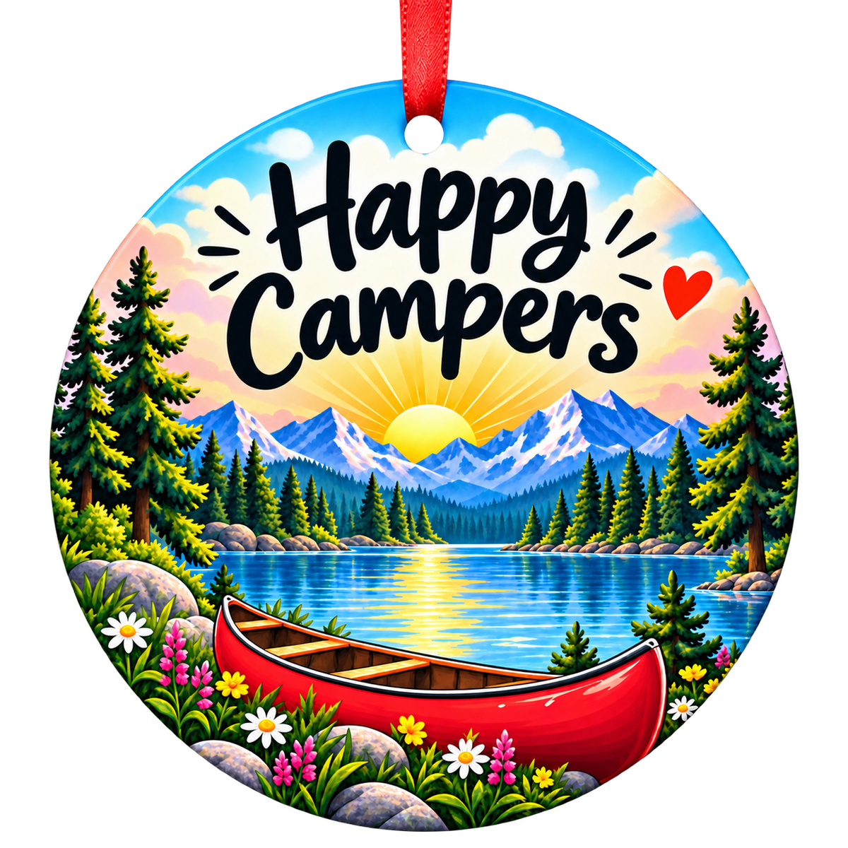 Happy Campers mountain lake canoe Christmas ornament mockup
