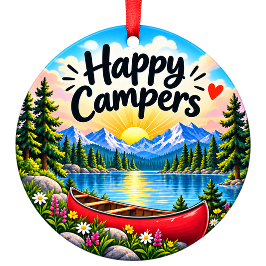 Happy Campers mountain lake canoe Christmas ornament mockup