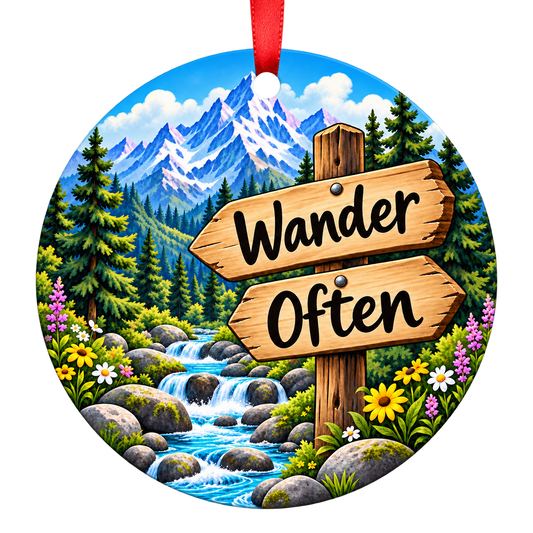 Wander Often mountain stream camping Christmas ornament mockup
