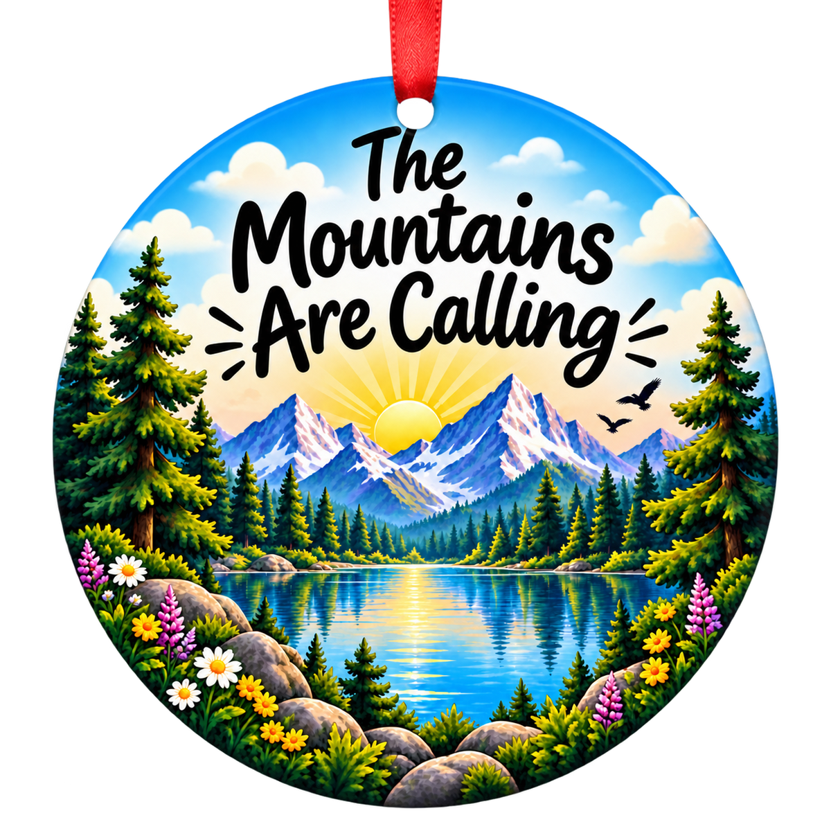 The Mountains Are Calling camping Christmas ornament mockup